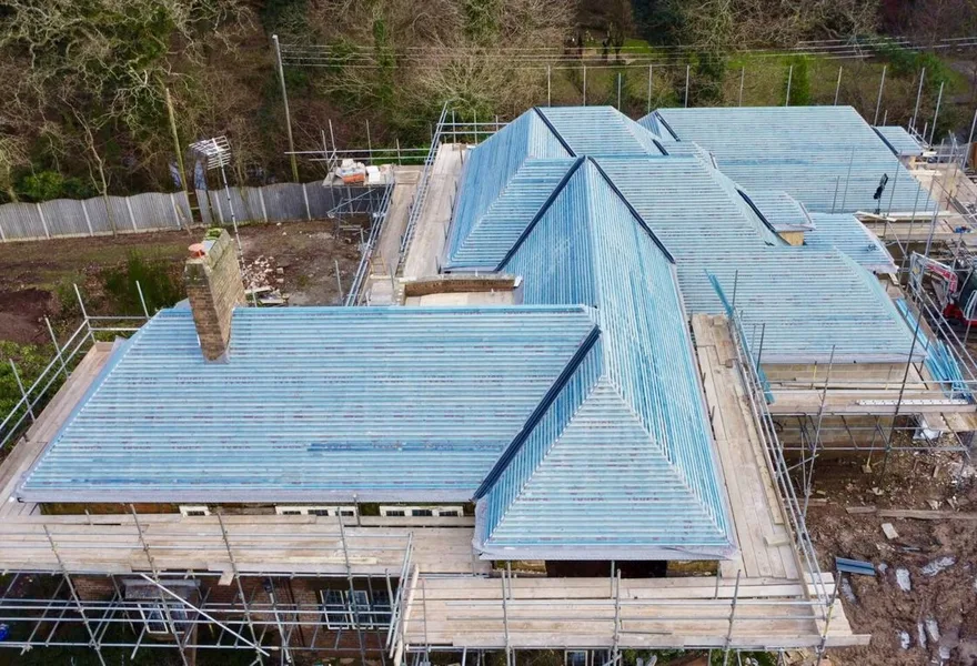Aerial drone photo of a house roof under construction by HK Builders Ltd in Solihull and the West Midlands