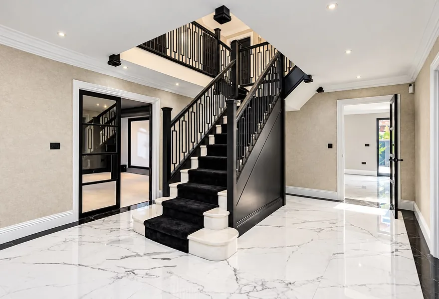 Entrance hallway with a black staircase and marble floor