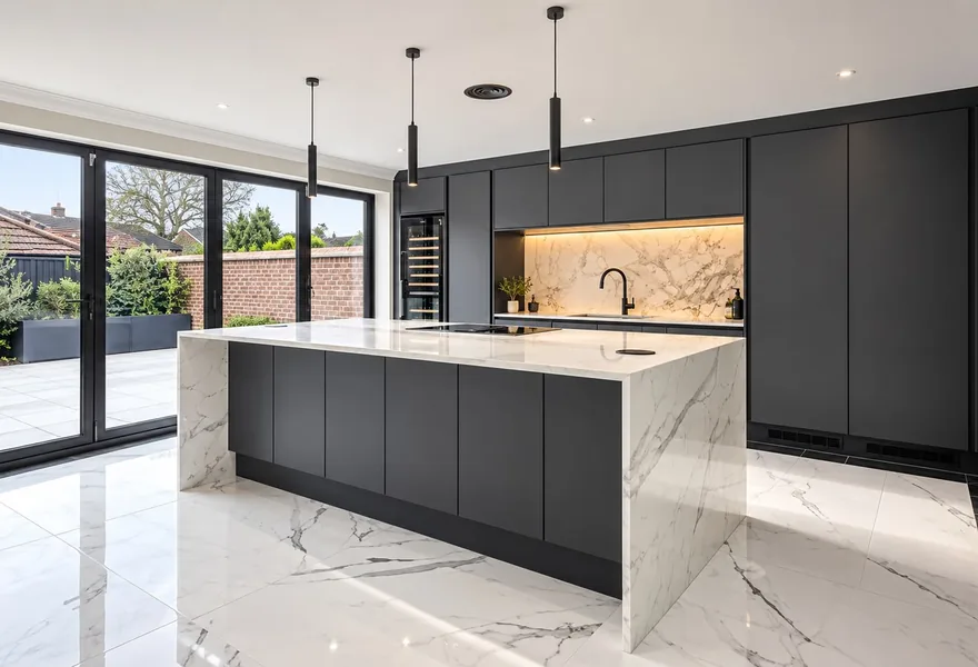 Modern dark kitchen with a marble island