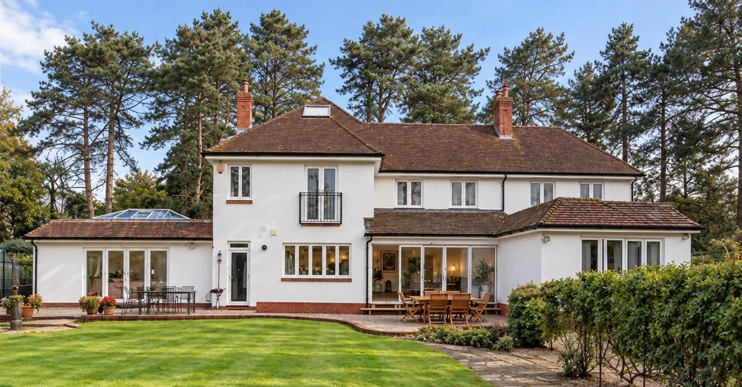 Rear of a white house with a rear extension, patio doors and a garden