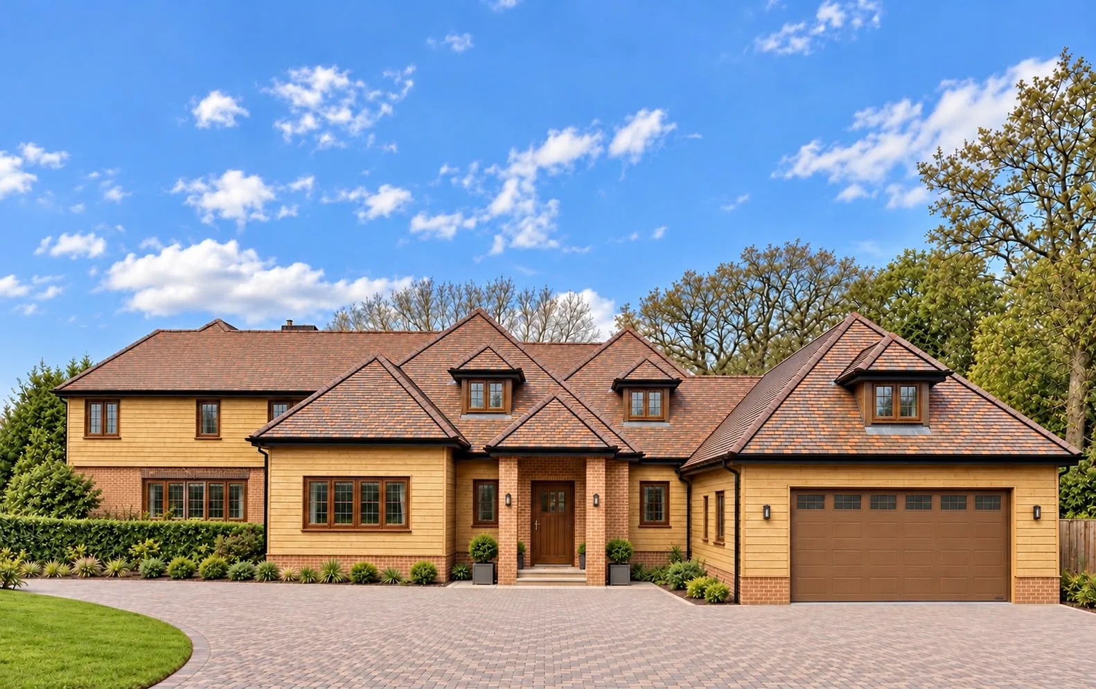 New build detached house with a brown tiled roof and double garage