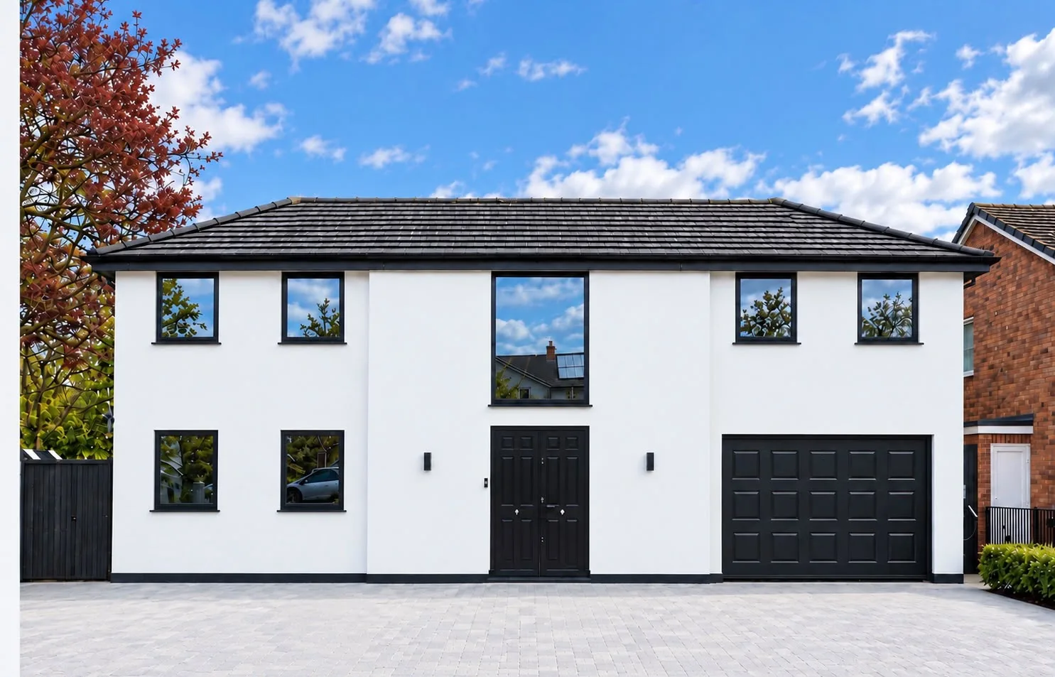 White rendered detached house with black windows and a garage door