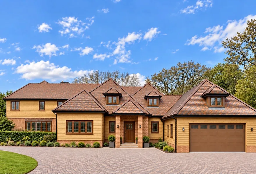New house with a brick paved driveway and double garage, front view